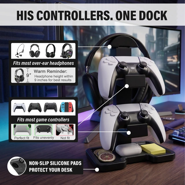Alt view image 3 of 7 - Gaming Equipment Headset Stand with Dual Controller Organizer Rack & Storage Base, Headphone Stand Gamer Gifts for Men Teenage Boy, Unique Gifts for Gamers to Organize Gaming Accessories (Black Wood)