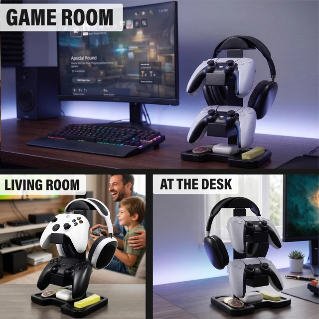 Alt view image 6 of 7 - Gaming Equipment Headset Stand with Dual Controller Organizer Rack & Storage Base, Headphone Stand Gamer Gifts for Men Teenage Boy, Unique Gifts for Gamers to Organize Gaming Accessories (Black Wood)