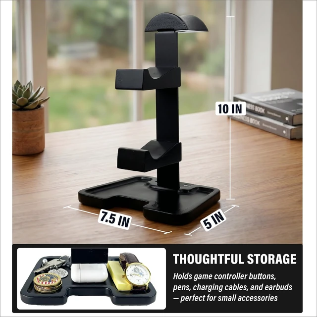 Alt view image 7 of 7 - Gaming Equipment Headset Stand with Dual Controller Organizer Rack & Storage Base, Headphone Stand Gamer Gifts for Men Teenage Boy, Unique Gifts for Gamers to Organize Gaming Accessories (Black Wood)