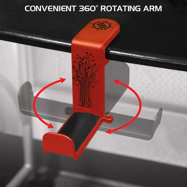 Alt view image 4 of 7 - ENHANCE PC Gaming Headphone Holder - Desk Headphone Hanger Esports Headset Holder with Adjustable 360 Rotation, Under Desk Hook Clamp, Universal Fit - Built in Cable Clip Organizer - Red