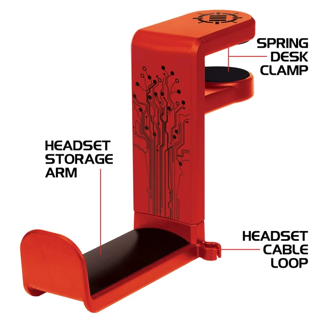 Alt view image 3 of 7 - ENHANCE PC Gaming Headphone Holder - Desk Headphone Hanger Esports Headset Holder with Adjustable 360 Rotation, Under Desk Hook Clamp, Universal Fit - Built in Cable Clip Organizer - Red