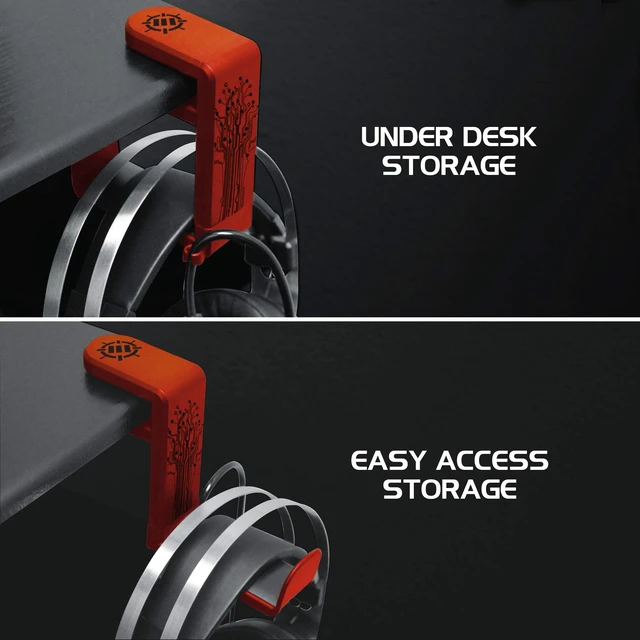 Alt view image 5 of 7 - ENHANCE PC Gaming Headphone Holder - Desk Headphone Hanger Esports Headset Holder with Adjustable 360 Rotation, Under Desk Hook Clamp, Universal Fit - Built in Cable Clip Organizer - Red