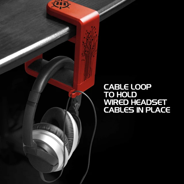Alt view image 6 of 7 - ENHANCE PC Gaming Headphone Holder - Desk Headphone Hanger Esports Headset Holder with Adjustable 360 Rotation, Under Desk Hook Clamp, Universal Fit - Built in Cable Clip Organizer - Red