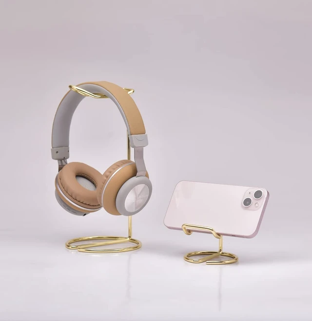 Alt view image 2 of 7 - JIARI Headphones Stand and Cell Phone Stand Desktop Metal Holder Accessories 2pcs Set (Gold)