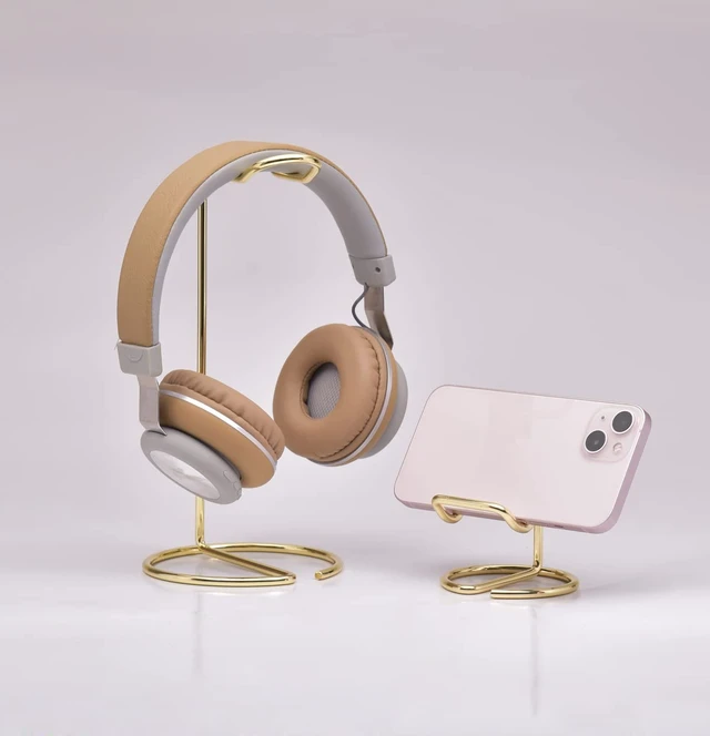 Alt view image 3 of 7 - JIARI Headphones Stand and Cell Phone Stand Desktop Metal Holder Accessories 2pcs Set (Gold)