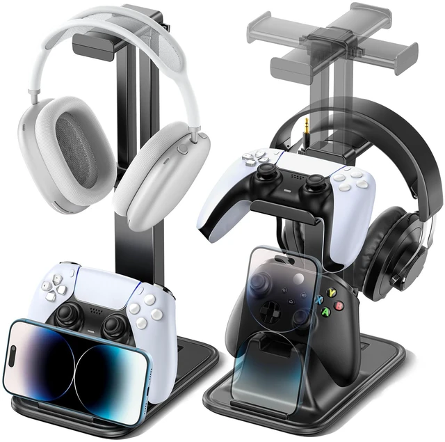 Main image of Gaming Headset & Controller Stand, Rotating Headphone Storage with 2 Controllers and Phone Holder, Standard Game Desk Storage for PS5/PS4/XBOX, PC Gamer Essentials Organizer Gift Accessories