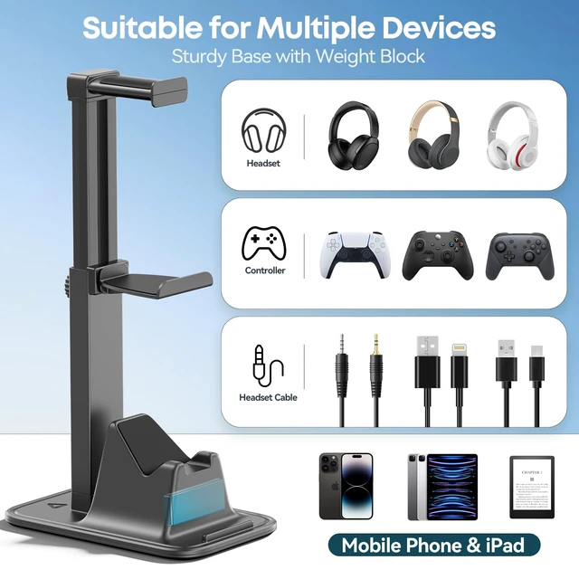 Alt view image 2 of 7 - Gaming Headset & Controller Stand, Rotating Headphone Storage with 2 Controllers and Phone Holder, Standard Game Desk Storage for PS5/PS4/XBOX, PC Gamer Essentials Organizer Gift Accessories