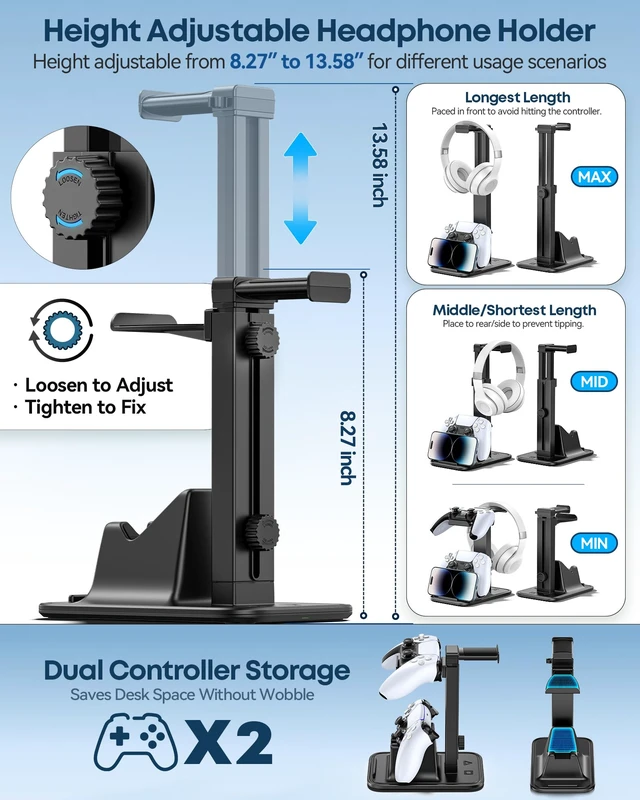 Alt view image 3 of 7 - Gaming Headset & Controller Stand, Rotating Headphone Storage with 2 Controllers and Phone Holder, Standard Game Desk Storage for PS5/PS4/XBOX, PC Gamer Essentials Organizer Gift Accessories