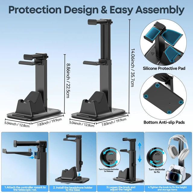 Alt view image 5 of 7 - Gaming Headset & Controller Stand, Rotating Headphone Storage with 2 Controllers and Phone Holder, Standard Game Desk Storage for PS5/PS4/XBOX, PC Gamer Essentials Organizer Gift Accessories