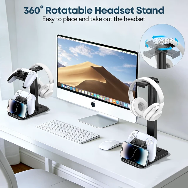 Alt view image 4 of 7 - Gaming Headset & Controller Stand, Rotating Headphone Storage with 2 Controllers and Phone Holder, Standard Game Desk Storage for PS5/PS4/XBOX, PC Gamer Essentials Organizer Gift Accessories
