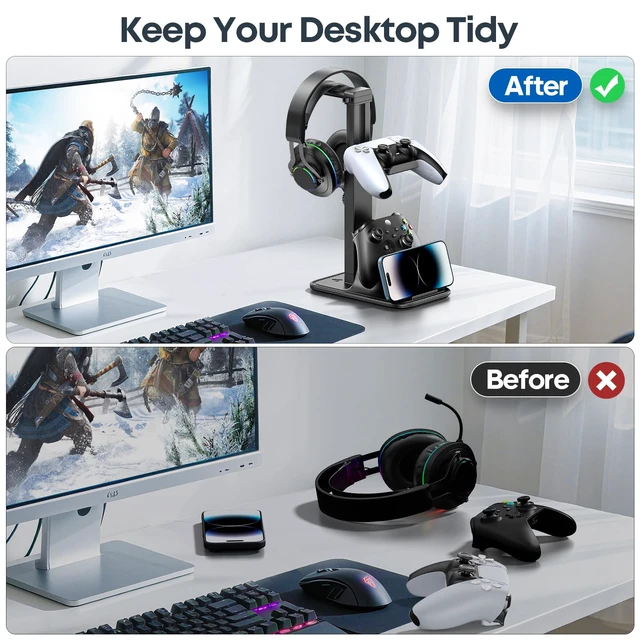 Alt view image 6 of 7 - Gaming Headset & Controller Stand, Rotating Headphone Storage with 2 Controllers and Phone Holder, Standard Game Desk Storage for PS5/PS4/XBOX, PC Gamer Essentials Organizer Gift Accessories