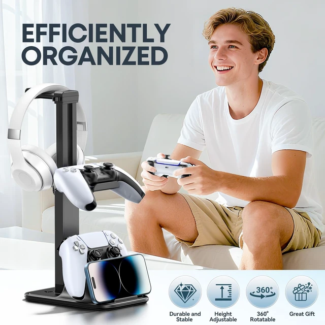 Alt view image 7 of 7 - Gaming Headset & Controller Stand, Rotating Headphone Storage with 2 Controllers and Phone Holder, Standard Game Desk Storage for PS5/PS4/XBOX, PC Gamer Essentials Organizer Gift Accessories