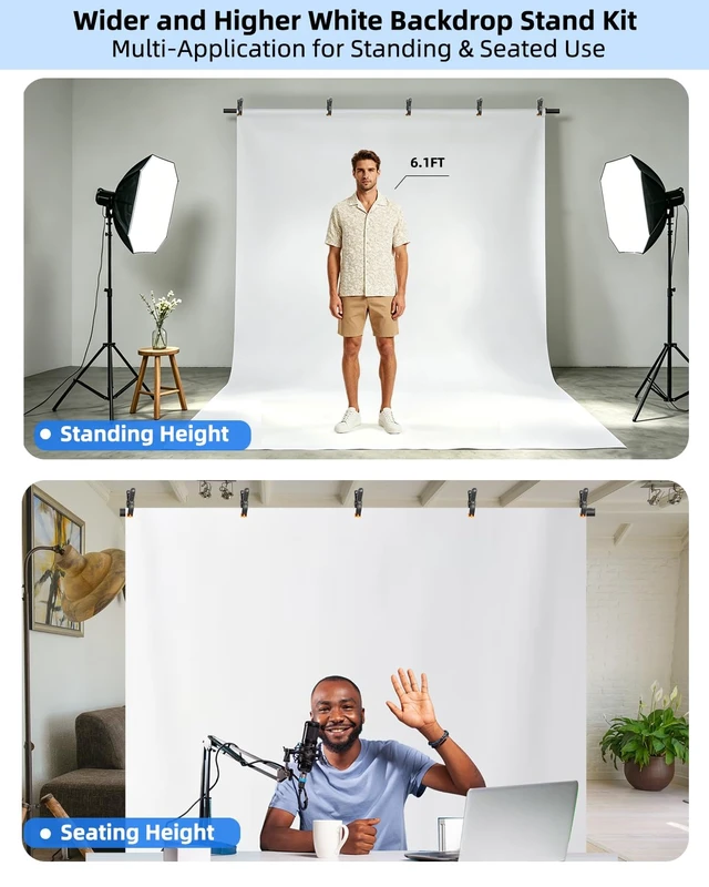Alt view image 2 of 7 - Hemmotop White Backdrop with Stand, 8x7.5ft Photography Background Kit | Sturdy Threaded Connection Stand, Draped Polyester Fabric, Perfect for Photoshoot Wedding Birthday Party Projector Screen