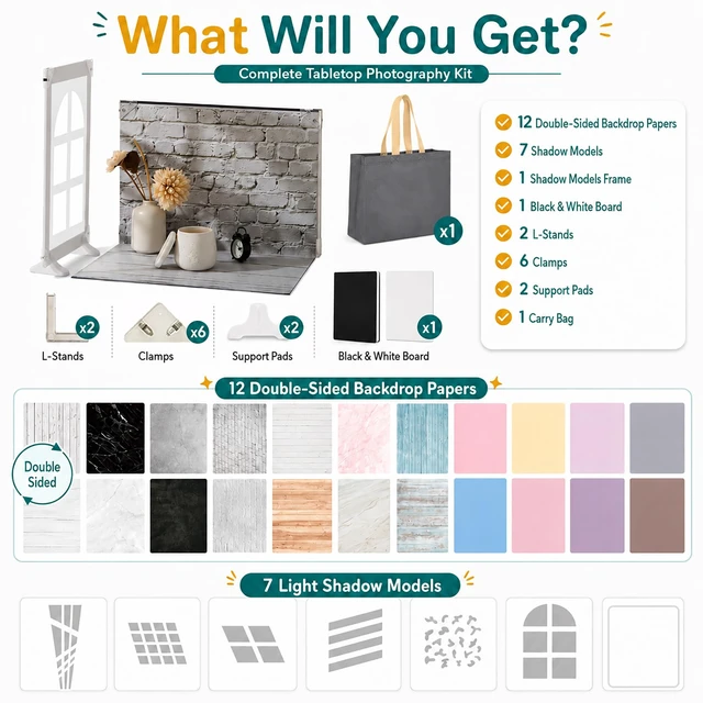 Alt view image 3 of 7 - Product Photography Backdrop Kit with 7 Shadow Boards, Tabletop Photo Backdrop Board, 12 Double-Sided Background Papers, Food Photography Backdrops for Jewelry, Cosmetics, Skincare & Small Products