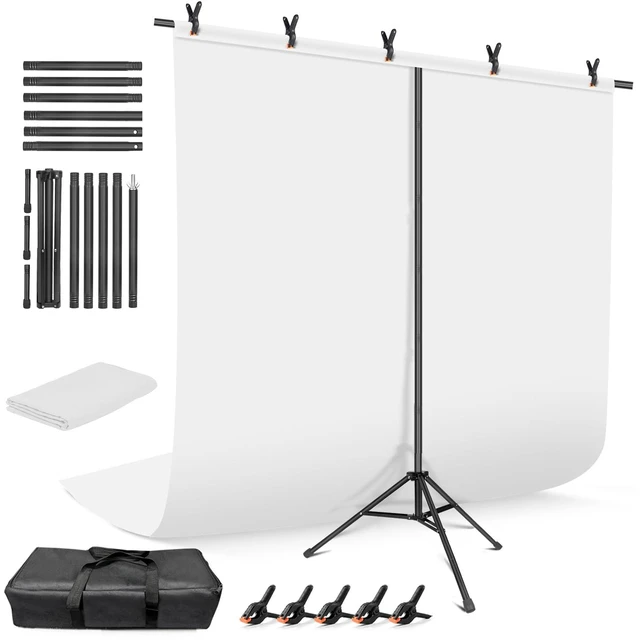 Main image of White Backdrop with Stand, 6.5x8.2FT Background with 7.5x7.9FT Stand | Wider backdrop with stand kit, adjustable, portable, carry bag & 5 clamps, white photo backdrop for photography video studio