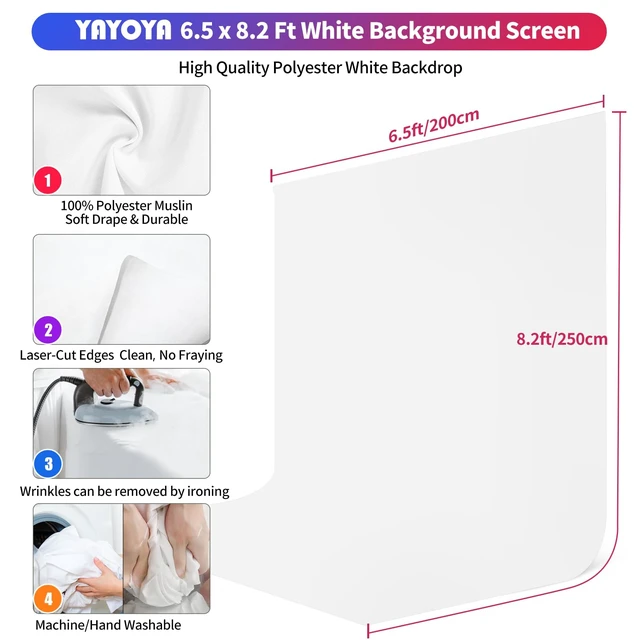 Alt view image 4 of 7 - White Backdrop with Stand, 6.5x8.2FT Background with 7.5x7.9FT Stand | Wider backdrop with stand kit, adjustable, portable, carry bag & 5 clamps, white photo backdrop for photography video studio
