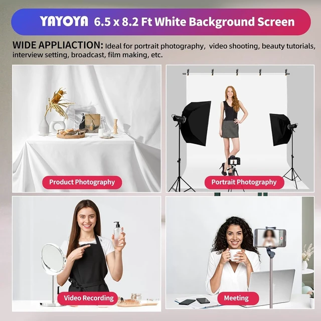 Alt view image 6 of 7 - White Backdrop with Stand, 6.5x8.2FT Background with 7.5x7.9FT Stand | Wider backdrop with stand kit, adjustable, portable, carry bag & 5 clamps, white photo backdrop for photography video studio