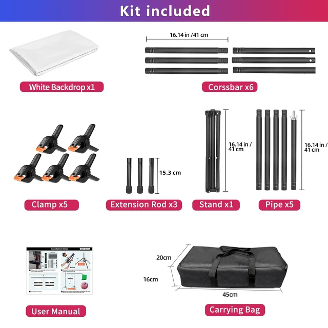 Alt view image 7 of 7 - White Backdrop with Stand, 6.5x8.2FT Background with 7.5x7.9FT Stand | Wider backdrop with stand kit, adjustable, portable, carry bag & 5 clamps, white photo backdrop for photography video studio
