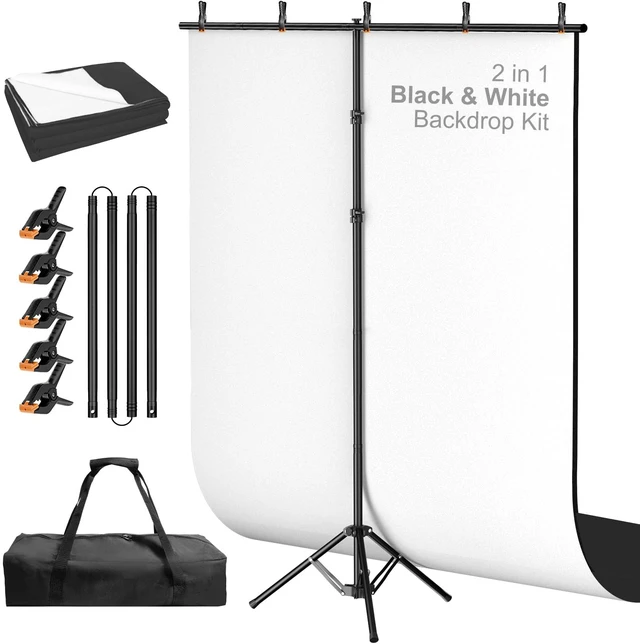 Main image of Qoolfoto 5x8ft Black and White 2in1 Revisible Photo Backdrop with Stand | White Black Backdrop Background with Portable T-Shape Stand, Carry Bag and 5 Clamps for Photography Video Meeting Streaming