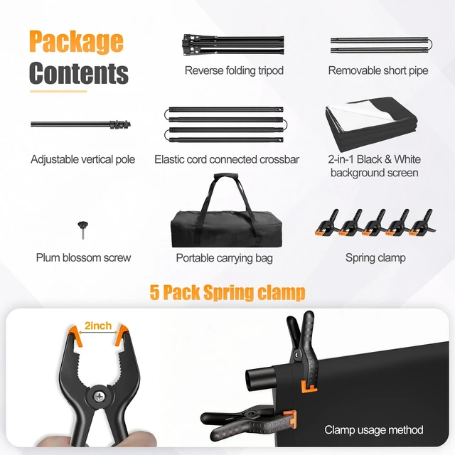 Alt view image 6 of 7 - Qoolfoto 5x8ft Black and White 2in1 Revisible Photo Backdrop with Stand | White Black Backdrop Background with Portable T-Shape Stand, Carry Bag and 5 Clamps for Photography Video Meeting Streaming