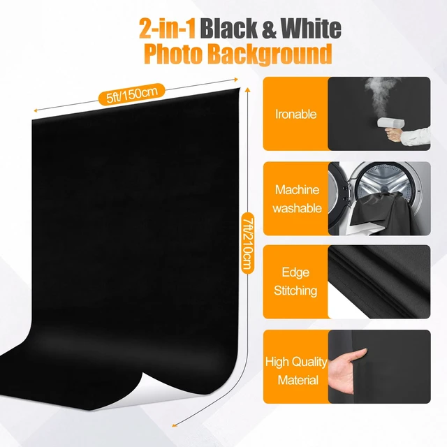 Alt view image 5 of 7 - Qoolfoto 5x8ft Black and White 2in1 Revisible Photo Backdrop with Stand | White Black Backdrop Background with Portable T-Shape Stand, Carry Bag and 5 Clamps for Photography Video Meeting Streaming