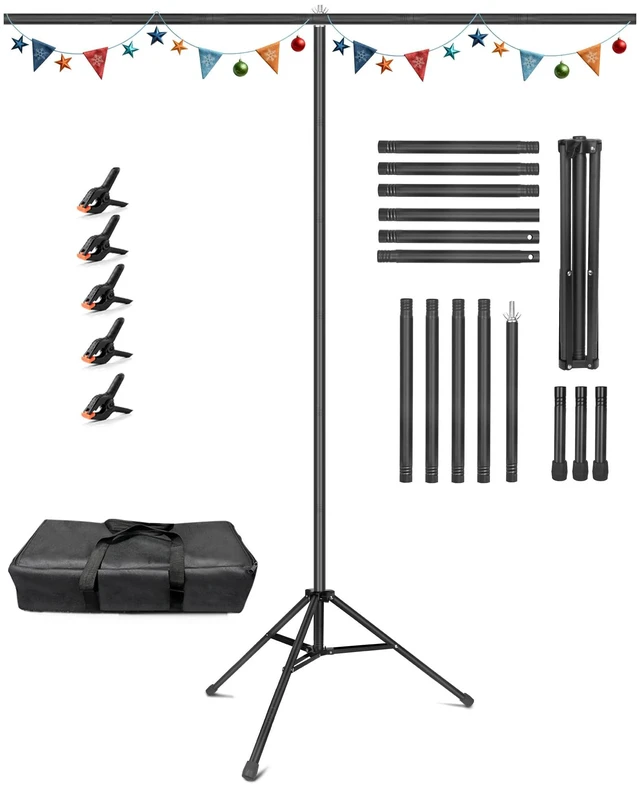 Main image of Hemmotop T Shape Backdrop Stand 8x7.5ft(HxW) Portable | Threaded Connection, Same Pipe Size, Extra Sturdy, with 5 Clips and Carry Bag, for Birthday, Baby Shower Party, Photoshoot