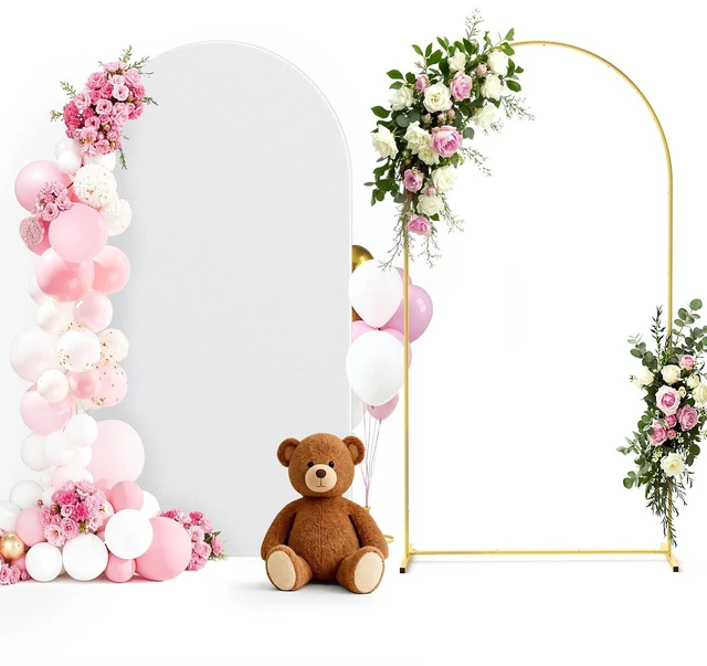 Main image of Pureegg Arch Backdrop Stand and Cover Set, Metal, 7.2 ft, White | Wedding, Party, Celebrations, Easy Assembly, Stable Base, Gold Frame