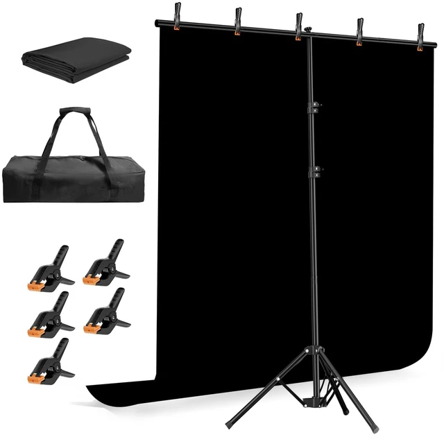 Main image of Emart 6.5x5ft Black Photo Backdrop Stand Kit with T-Shape Stand | Portable lightweight T-shaped metal stand for easy setupsuitable for portrait photography, live streaming, content recording