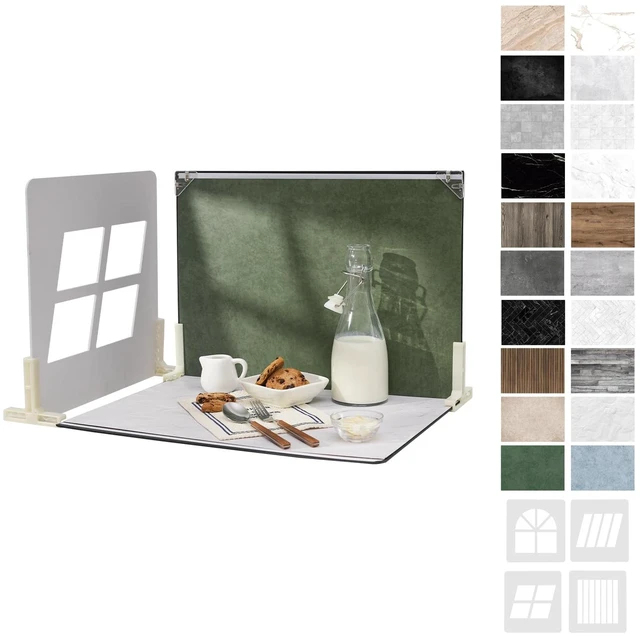 Main image of 16 x 11.5 in Photo Backdrop Kit, 10 Sheets, 20 Patterns, 4 Shadow Boards | Creates 4 Window-Style Light Effects for Food, Jewelry, Cosmetics and Other Small Product Photos, Flat Lays and Videos.