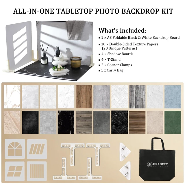 Alt view image 2 of 7 - 16 x 11.5 in Photo Backdrop Kit, 10 Sheets, 20 Patterns, 4 Shadow Boards | Creates 4 Window-Style Light Effects for Food, Jewelry, Cosmetics and Other Small Product Photos, Flat Lays and Videos.
