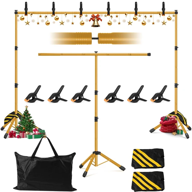 Main image of 10x7.5ft Photo Backdrop Stand 3-in-1 T-Shape Heavy Duty for Studio Gold | Portable Photography Background Stand Kit with Carrying Bag, 6 Clamps, 2 Sandbags for Party, Video, Banner Display, Outdoor