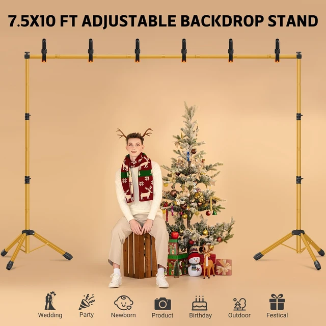 Alt view image 7 of 7 - 10x7.5ft Photo Backdrop Stand 3-in-1 T-Shape Heavy Duty for Studio Gold | Portable Photography Background Stand Kit with Carrying Bag, 6 Clamps, 2 Sandbags for Party, Video, Banner Display, Outdoor