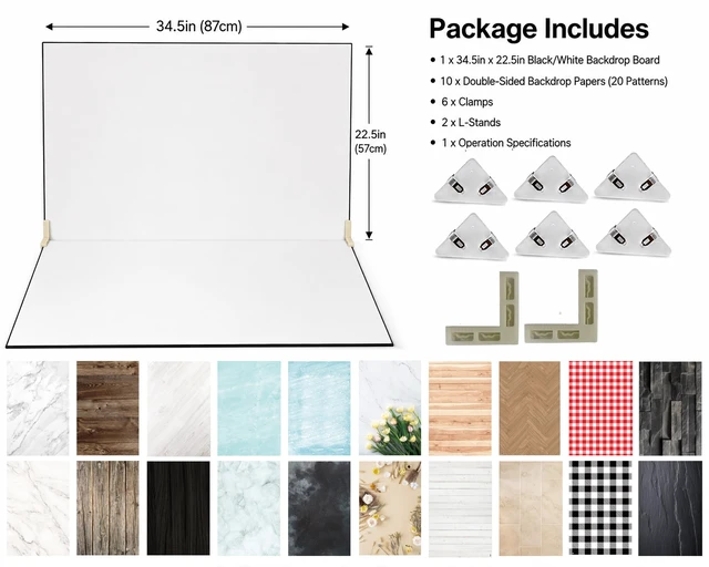 Alt view image 2 of 5 - Product Photography Backdrops 22.5 x 34.5 in,XL Photo Backdrop Board Kit, 10 Pcs 20 Patterns Double-Sided Background Papers, Flat Lay Props for Food Jewelry Cosmetics Photos