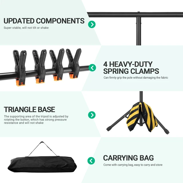 Alt view image 4 of 7 - Coliflor T-Shape Portable Backdrop Stand, 6.5x3.2ft Adjustable Photo Background Stand Kit, Sturdy Small Back Drop Holder with 4 Spring Clamps, Carry Bag for Parties, Photography and Video Studio