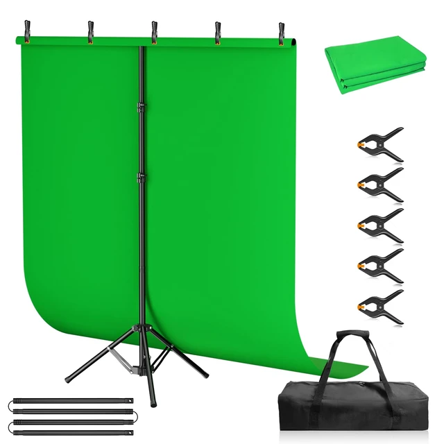 Main image of Qoolfoto Green Screen Backdrop Kit 5x7 ft with Foldable T-Shaped Stand | Portable Greenscreen Background with 5 Clamps, Carrying Bag for Parties, Streaming, Photography, Zoom, Gaming, Video Studio