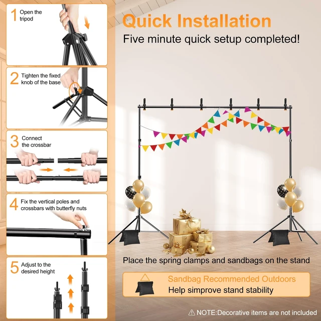 Alt view image 7 of 7 - GLOSHOOTING Backdrop Stand 10x10ft, Back Drop Stand for Party | Adjustable Photo Background Stand Support Kit with 6 Clamps, 2 Sandbags and Carry Bag for Parties Wedding Photography