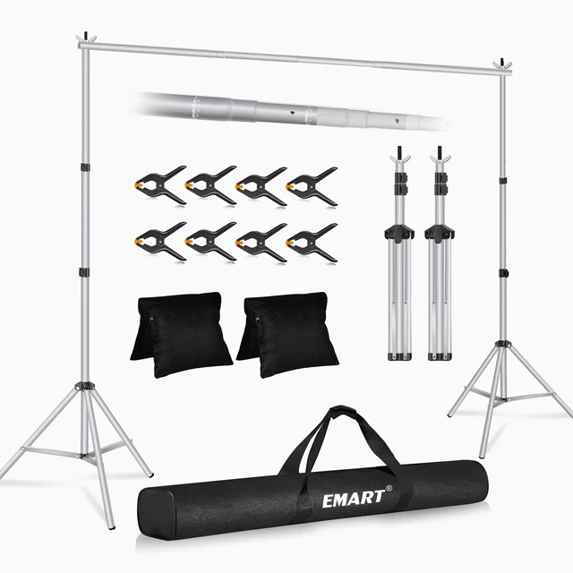 Main image of EMART Backdrop Stand 10x8.5FT Adjustable Back Drop Stand for Party -Silver | Background Stand Backdrop with 8 Clamps, 2 Sandbags for Photography, Wedding, Baby Shower, Events Decoration, Photo Studio