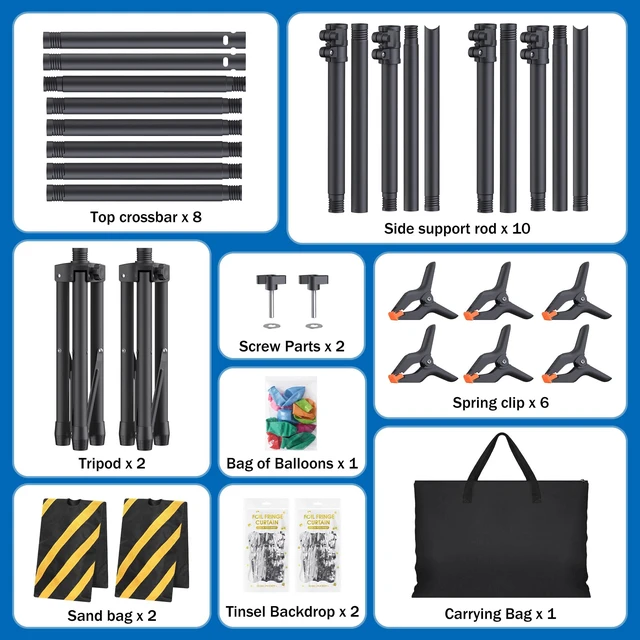 Alt view image 7 of 7 - Backdrop Stand Kit, 6 Widths up to 10 x 7.5 FT, Balloons & Silver Streamers | Adjustable backdrop stand with carry bag and clamps; ideal for photo studios, parties, and event decorations