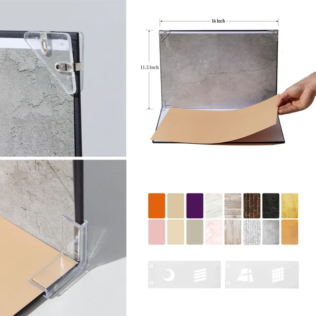 Alt view image 7 of 7 - Product Photography Backdrops, 16x11.5 Inch Photo Backdrop Board Kit, 8Pcs 16 Patterns with 2Pcs Photo Shadow Maker for Makeup Product Shooting, Food Jewelry Cosmetics Photography