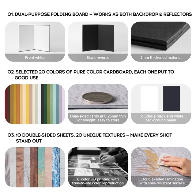 Alt view image 2 of 7 - Vizprop 32 Piece Photo Backdrop Set Double Sided Flat Lay Background Kit | 20 printed scenes plus 22 solid colors for food, beauty, jewelry, crafts and UGC content.