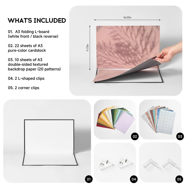 Alt view image 4 of 7 - Vizprop 32 Piece Photo Backdrop Set Double Sided Flat Lay Background Kit | 20 printed scenes plus 22 solid colors for food, beauty, jewelry, crafts and UGC content.