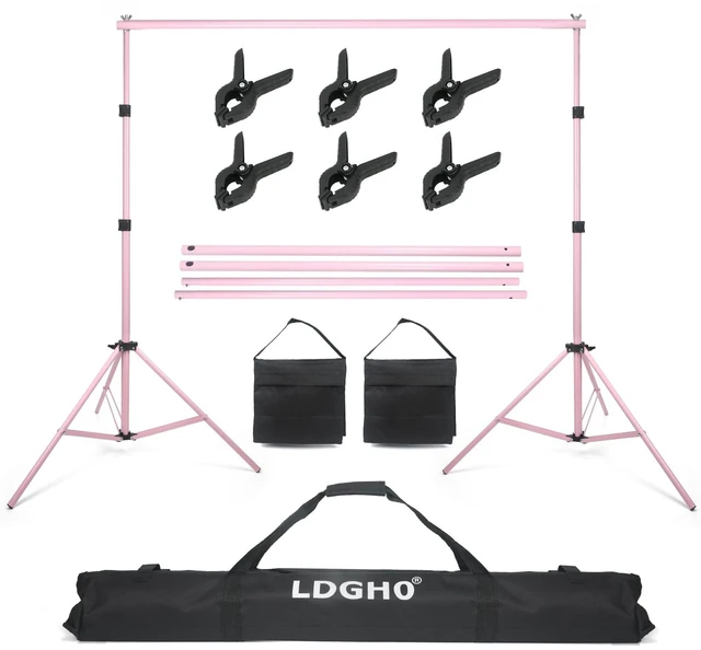 Main image of LDGHO Backdrop Stand 10x7ft(WxH) Photo Studio Adjustable Background Stand Support kit with 2 Crossbars, 6 Clamps, 2 Sandbags and Carry Bag for Parties, Events Decoration, Wedding, Photography (Pink)