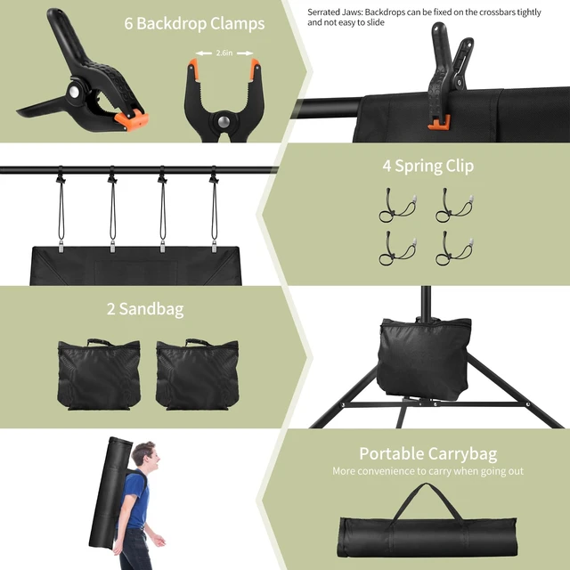 Alt view image 5 of 6 - Backdrop Stand 10x7ft(WxH) Photo Studio Adjustable Backdrop Stand Kit Photography Backdrops with 4 Crossbars, 6 Clamps, 4 Spring Clip, 2 Sandbags and Carry Bag for Parties/Wedding/Photography