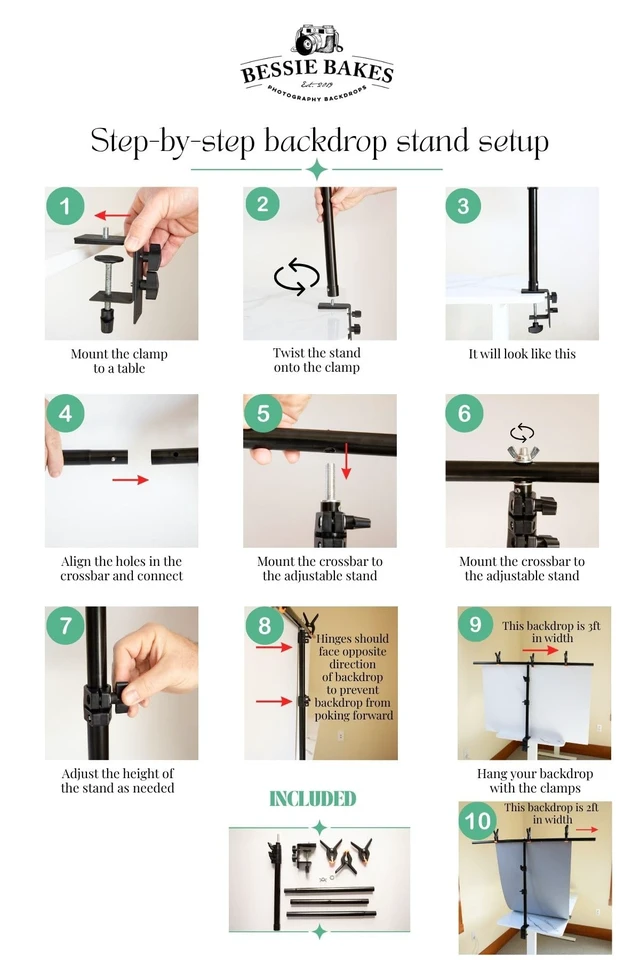 Alt view image 5 of 7 - Bessie Bakes Backdrops Photography Backdrop Stand with Table Clamp, 39-Inch Crossbar, Adjustable up to 3ft Tall, Ideal for Food Photography, Product Photography & Content Creation