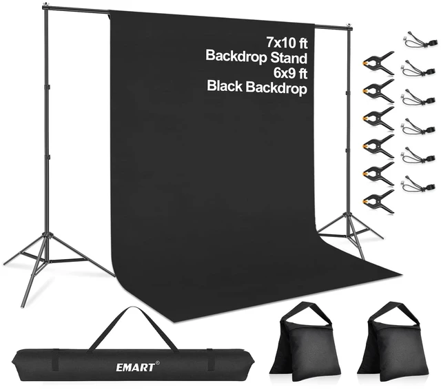 Main image of EMART 7x10 FT Photo Backdrop Stand Kit with 6x9FT Black Backdrop, Studio | Background Stand Backdrop-Black, 6Clamps&Clip, 2Sandbsgs for Photography Studio, Video Recording, Live Stream, Zoom, Portrait