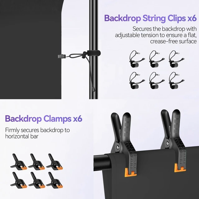Alt view image 5 of 7 - EMART 7x10 FT Photo Backdrop Stand Kit with 6x9FT Black Backdrop, Studio | Background Stand Backdrop-Black, 6Clamps&Clip, 2Sandbsgs for Photography Studio, Video Recording, Live Stream, Zoom, Portrait