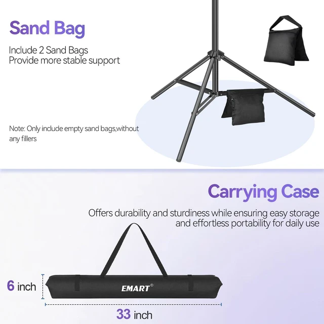 Alt view image 6 of 7 - EMART 7x10 FT Photo Backdrop Stand Kit with 6x9FT Black Backdrop, Studio | Background Stand Backdrop-Black, 6Clamps&Clip, 2Sandbsgs for Photography Studio, Video Recording, Live Stream, Zoom, Portrait
