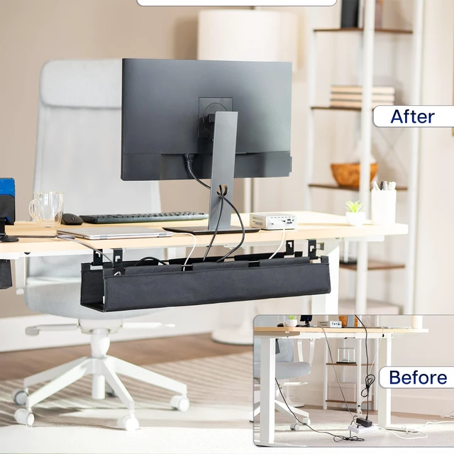 Alt view image 2 of 7 - VIVO Screw-on Fold-Down Fabric Cable Management Tray, 31", Holds 11 lbs | Under Desk, Wire Concealer, Power Strip Storage, Workspace Organization, Easy Fold Down Access, Black, DESK-AC31F-S