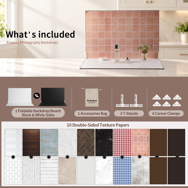 Alt view image 2 of 7 - Product Photography Backdrops, 23x35inch, 10Pcs Double-Sided Paper | 20 Patterns, Photo Backdrop Board, With T-Stand & Clamps, For Jewelry, Cosmetics