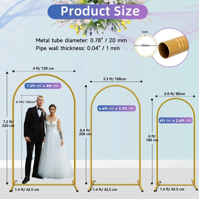 Alt view image 2 of 7 - Hemmotop Metal Arch Backdrop Stand Set of 3, 6ft, 6.6ft, 7.2ft, Gold | Easy to Assemble, Ground Stakes for Stable Base, for Balloons, Garden Decor, Ideal for Weddding, Baby Shower, Birthday Party